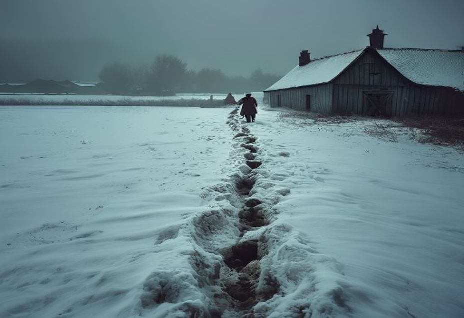 눈 덮인 데번 들판을 일직선으로 가로지르는 갈라진 발굽 모양의 발자국