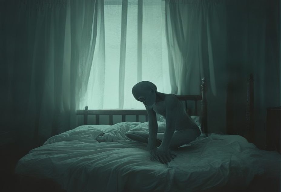 침대 발치에 웅크린 창백한 더 레이크 괴물